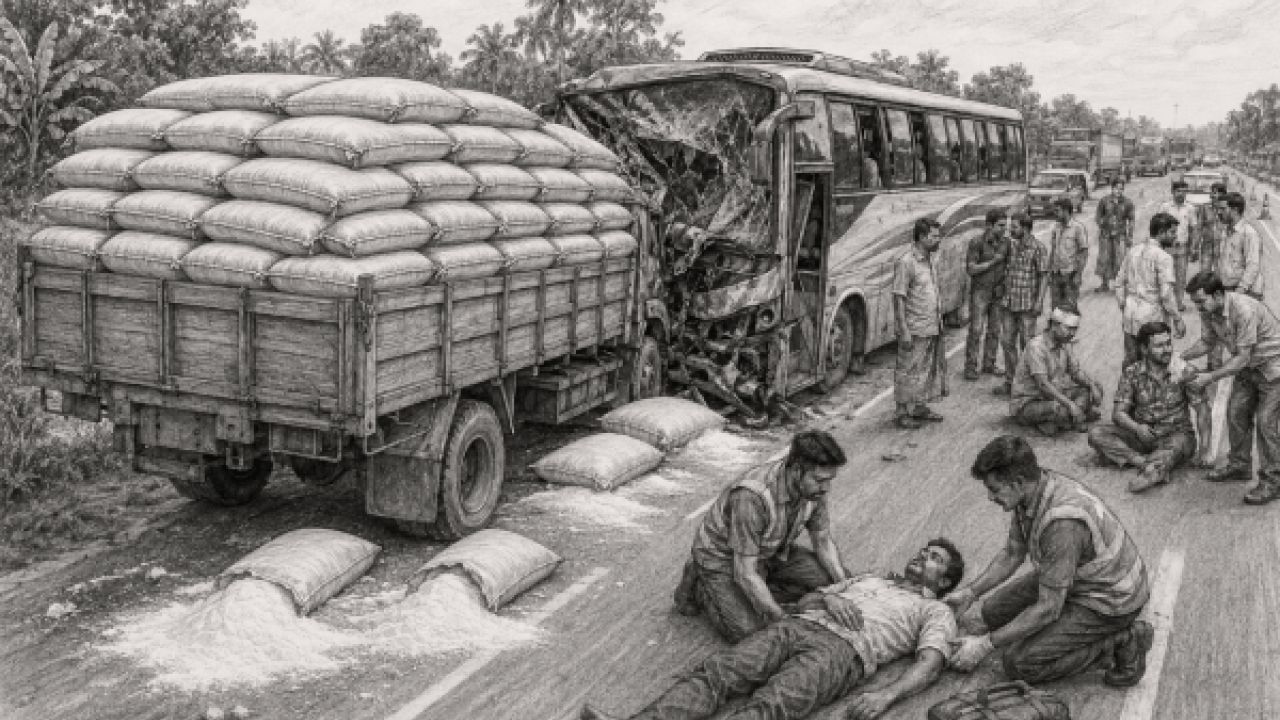 থেমে থাকা ময়দা বোঝাই ট্রাকে বাসের ধাক্কায় হেলপার নিহত, আহত ১৫