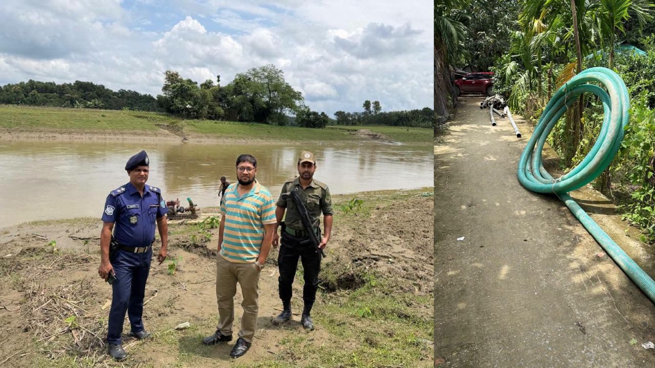 লামায় অবৈধ বালু উত্তোলনে অভিযান, শ্যালো মেশিন-পাইপ জব্দ